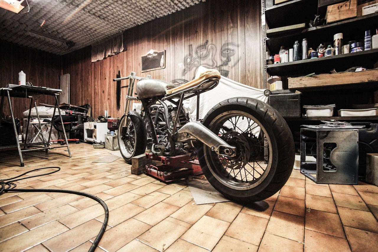 a motorcycle parked in a garage