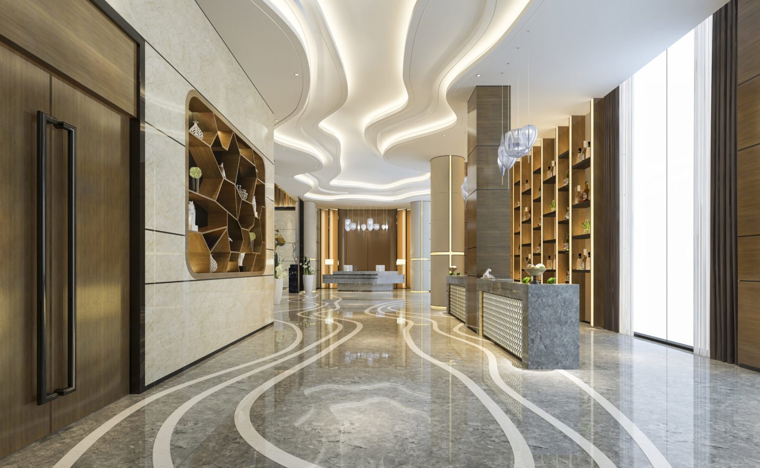 luxury hotel reception hall and office with decor shelf