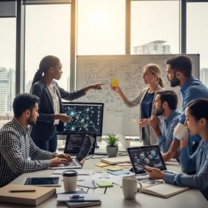 Diverse professionals collaborating on AI technology in a modern office setting