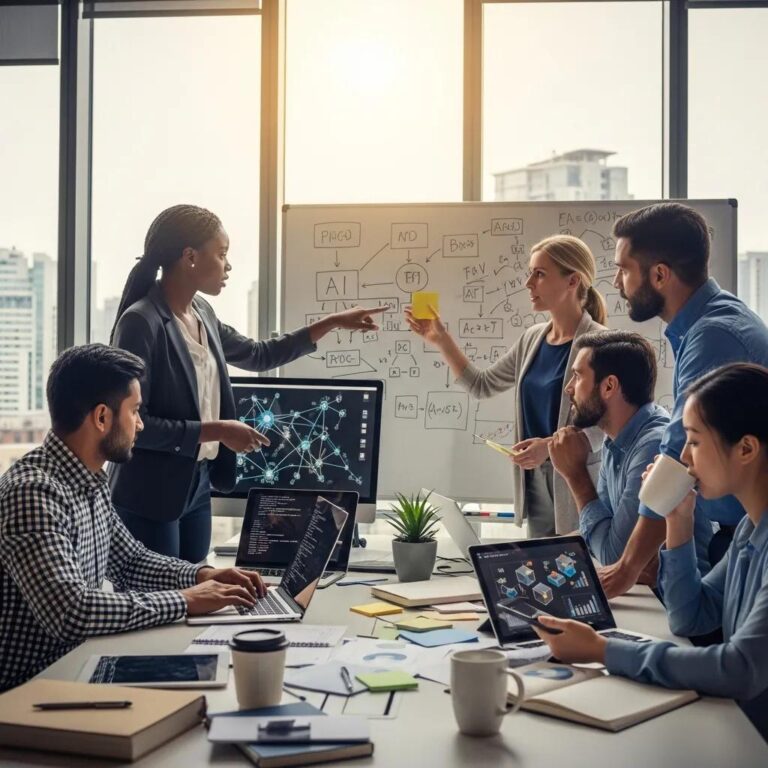 Diverse professionals collaborating on AI technology in a modern office setting