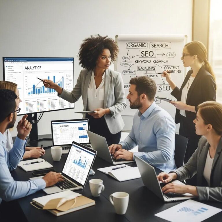 Business professionals collaborating on SEO strategies for growth